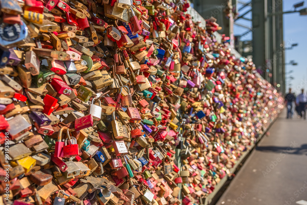 Bridge View Cologne where people express their love padlocks hanging on the fences of protection. These locks generate an incredible texture of colors and shapes