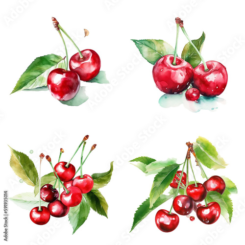 Fotografering Watercolour cherries on white background, AI generated art.