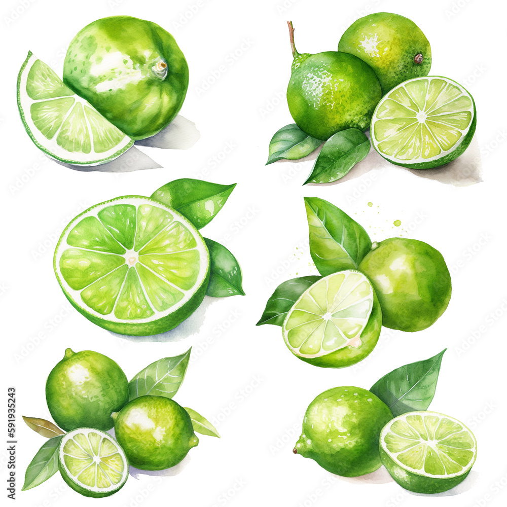 Watercolour limes on white background, AI generated art.