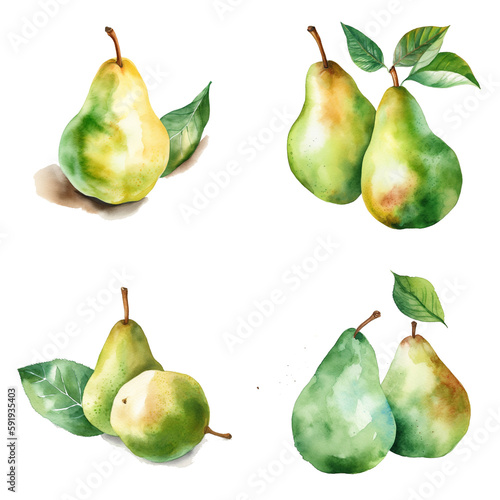 Watercolour pears on white background, AI generated art.