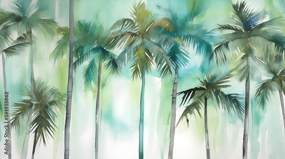 Tall tropical trees wall mural painted art, watercolor art style wallpaper background. Generative ai