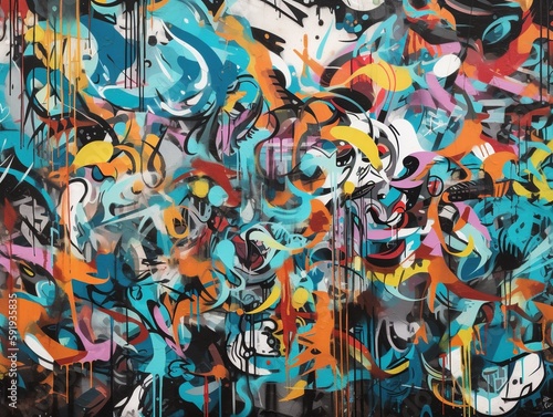 Abstrakte  bunte Graffiti-Struktur auf einer Wand mit dynamischen Linien und Formen  urbane   sthetik  kreative Ausdrucksst  rke  Generative AI 10