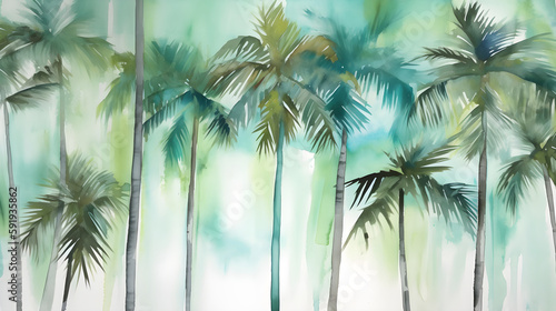 Tall tropical trees wall mural painted art, watercolor art style wallpaper background. Generative ai photo