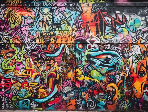 Abstrakte, bunte Graffiti-Struktur auf einer Wand mit dynamischen Linien und Formen, urbane Ästhetik, kreative Ausdrucksstärke, Generative AI 7