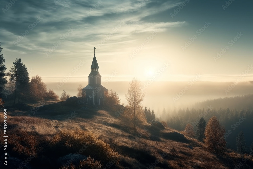 Obraz premium Beautiful Nordic church nestled in a serene and picturesque landscape at sunrise, with misty hills and mountains in the background, surrounded by trees, and with a river flowing nearby. Ai generated