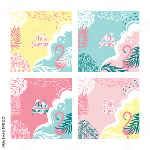 Pink flamingo in beach. Flyer set with summer illustration for your text.  Summer beach. Vector.