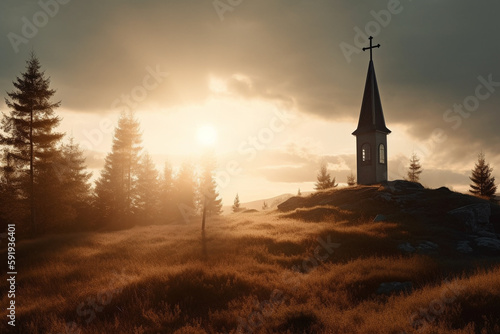 Beautiful Nordic church nestled in a serene and picturesque landscape at sunrise, with misty hills and mountains in the background, surrounded by trees, and with a river flowing nearby. Ai generated