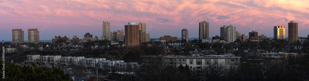 A panoramic view of the Milwaukee cityscape at sunset in early spring