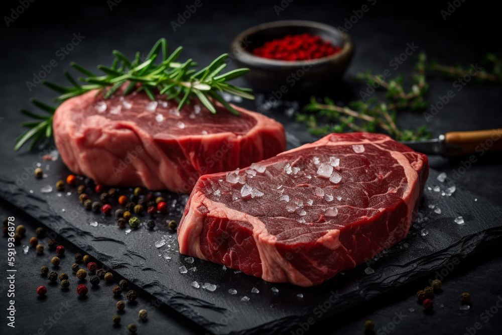 Two mouth-watering pieces of raw steak on a black stone platter, sprinkled with sea salt and garnished with a branch of rosemary. Ai generated