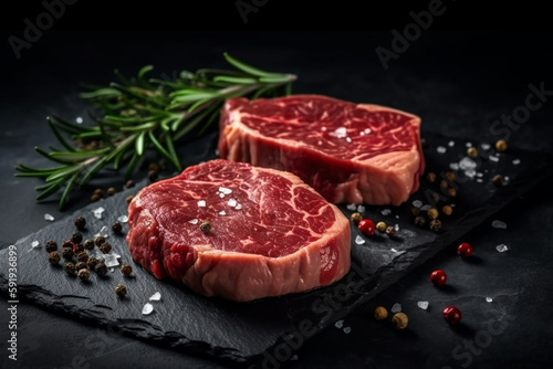 Two mouth-watering pieces of raw steak on a black stone platter, sprinkled with sea salt and garnished with a branch of rosemary. Ai generated