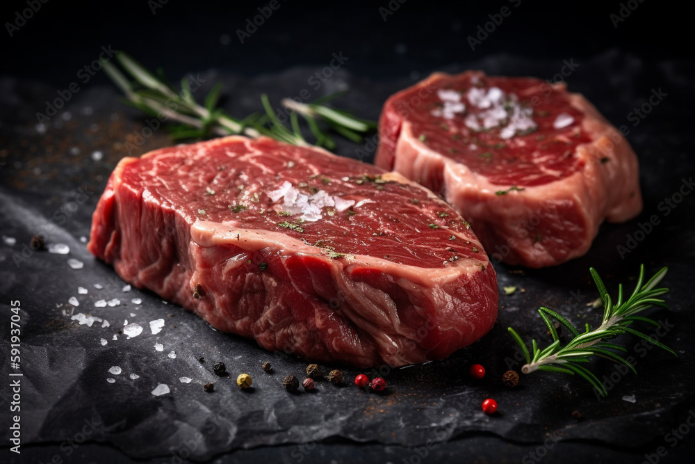 Two mouth-watering pieces of raw steak on a black stone platter, sprinkled with sea salt and garnished with a branch of rosemary. Ai generated