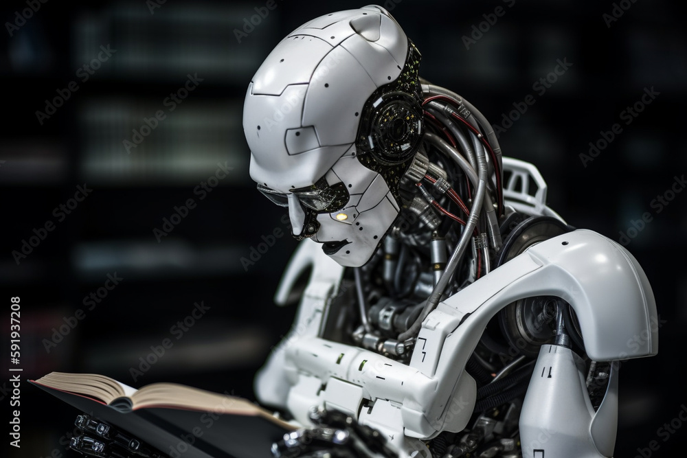 Humanoid robot cyborg reading a book and acquiring new data, representing the concept of artificial intelligence and its continuous development. Ai generated Humanoid robot cyborg reading a book and acquiring new data, representing the concept of artificial intelligence and its continuous development. Ai generated