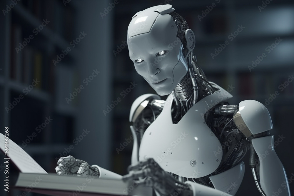 Humanoid robot cyborg reading a book and acquiring new data, representing the concept of artificial intelligence and its continuous development. Ai generated Humanoid robot cyborg reading a book and acquiring new data, representing the concept of artificial intelligence and its continuous development. Ai generated
