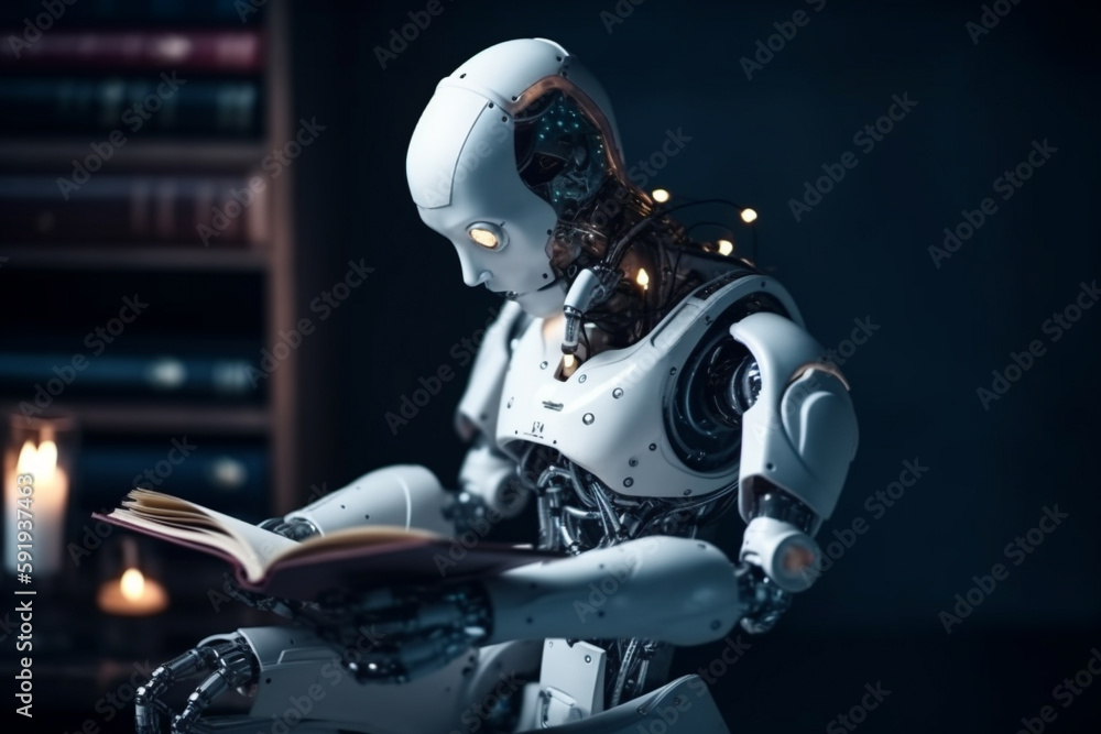 Humanoid robot cyborg reading a book and acquiring new data, representing the concept of artificial intelligence and its continuous development. Ai generated