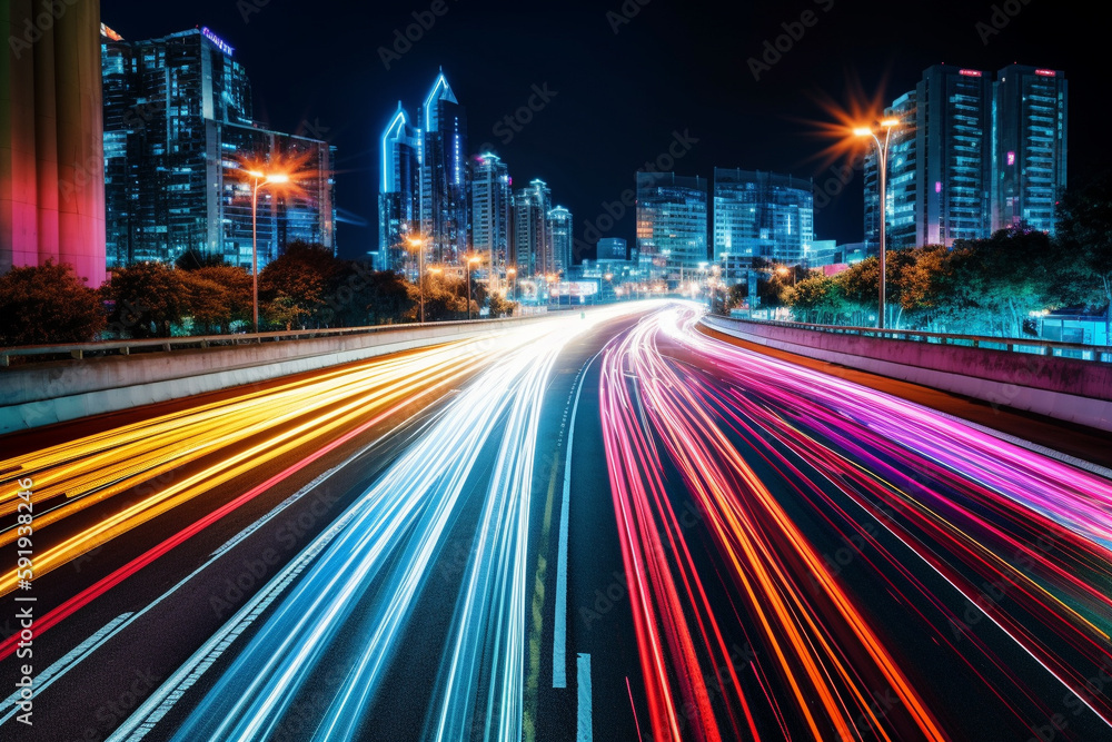 Obraz premium Illustration capturing the speed concept with light trails from long exposure photography during the night in a bustling city. Ai generated.