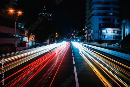 Illustration capturing the speed concept with light trails from long exposure photography during the night in a bustling city. Ai generated.