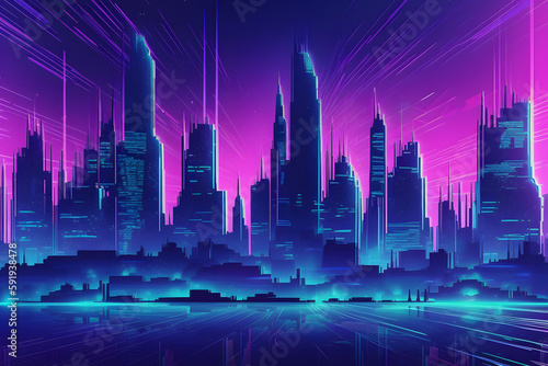 virtual reality futuristic violet city skyline - cyberspace landscape Generative AI