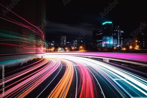 Illustration capturing the speed concept with light trails from long exposure photography during the night in a bustling city. Ai generated.