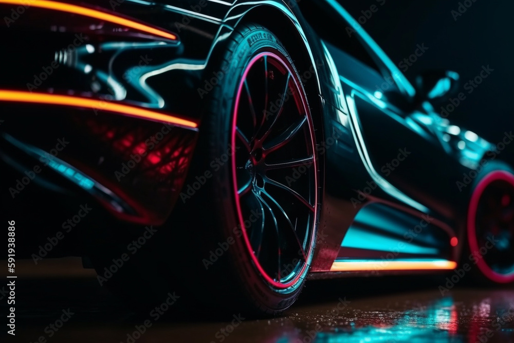 Wheel rim of a speed sports car with vibrant colors and neon lights, exuding a sense of speed and excitement. Racing Car Rims in the Dark with neon colors and vibrant colors. Ai generated Wheel rim of a speed sports car with vibrant colors and neon lights, exuding a sense of speed and excitement. Racing Car Rims in the Dark with neon colors and vibrant colors. Ai generated