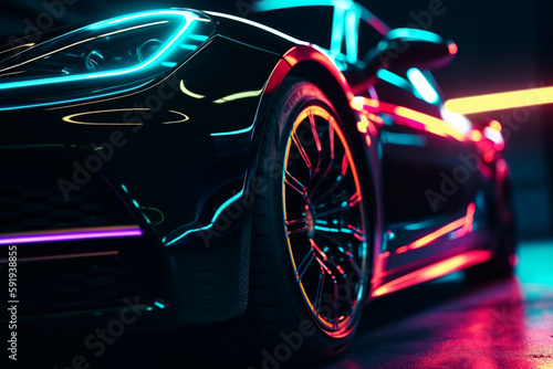 Wheel rim of a speed sports car with vibrant colors and neon lights, exuding a sense of speed and excitement. Racing Car Rims in the Dark with neon colors and vibrant colors. Ai generated © twindesigner