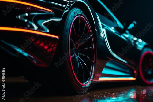 Wheel rim of a speed sports car with vibrant colors and neon lights, exuding a sense of speed and excitement. Racing Car Rims in the Dark with neon colors and vibrant colors. Ai generated