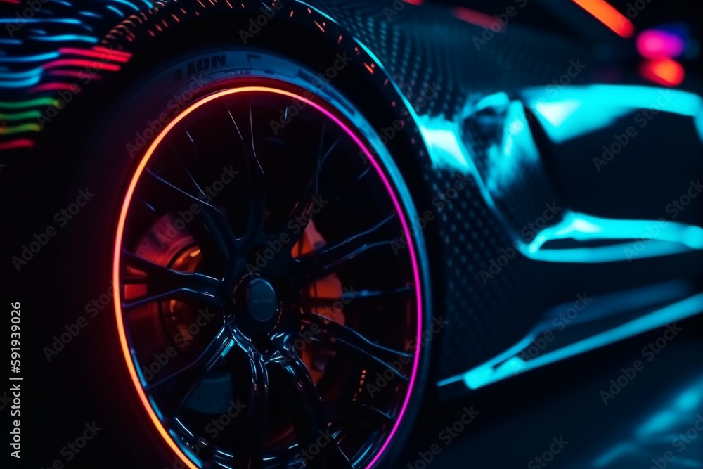 Wheel rim of a speed sports car with vibrant colors and neon lights, exuding a sense of speed and excitement. Racing Car Rims in the Dark with neon colors and vibrant colors. Ai generated Wheel rim of a speed sports car with vibrant colors and neon lights, exuding a sense of speed and excitement. Racing Car Rims in the Dark with neon colors and vibrant colors. Ai generated