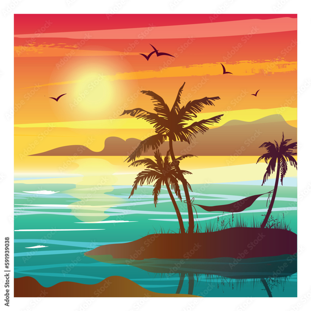 Square tropical landscape with sea, sunset and palm trees. Abstract landscape. Tropical paradise island.