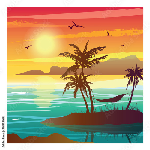 Square tropical landscape with sea  sunset and palm trees. Abstract landscape. Tropical paradise island.