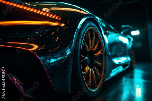 Wheel rim of a speed sports car with vibrant colors and neon lights  exuding a sense of speed and excitement. Racing Car Rims in the Dark with neon colors and vibrant colors. Ai generated