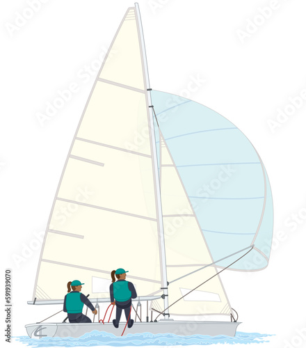 sailing two female crew leaning out in a 470 dinghy sailboat isolated on white background