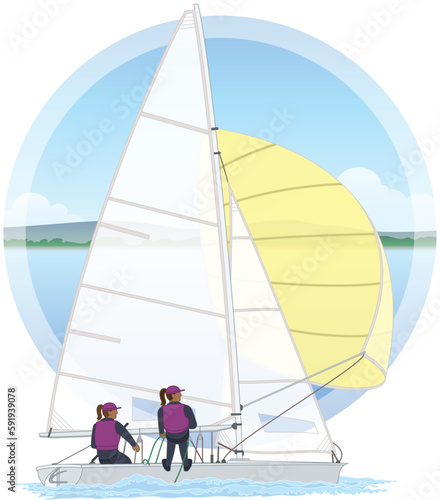 sailing two female crew leaning out in a 470 dinghy sailboat with water and sky background in circle