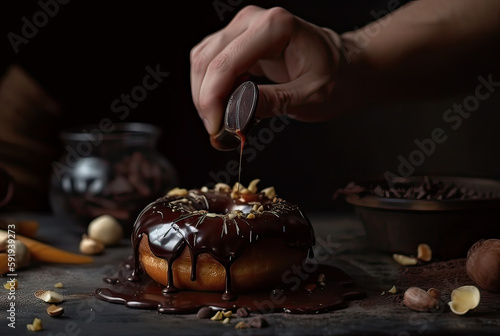 Baker in the kitchen with a cooked chocolate doughnut on a dark background. Generative AI.