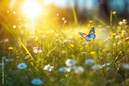 Beauty of spring with a field filled with blue butterflies and rays of sunshine, representing the renewal and revival of nature after a long winter. Ai generated