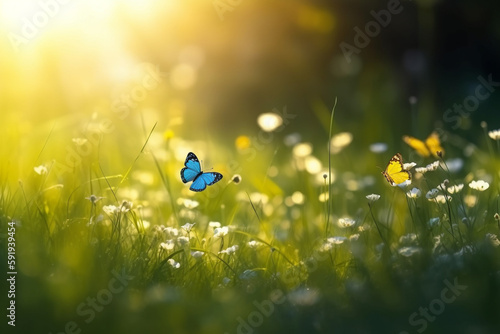 Beauty of spring with a field filled with blue butterflies and rays of sunshine, representing the renewal and revival of nature after a long winter. Ai generated © twindesigner