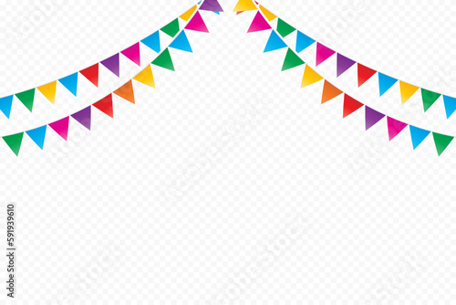 Colorful Flag Bunting Isolated On Transparent Background. Celebration And Congratulations. Sport Soccer, Football Decoration. Festa Junina Brazil. Birthday Party. Vector Illustration