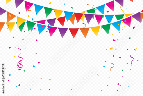 Colorful Party Flags With Confetti And Streamer Ribbons Falling On Transparent Background. Celebration Event And Birthday Party. Surprise. Multicolored. Vector