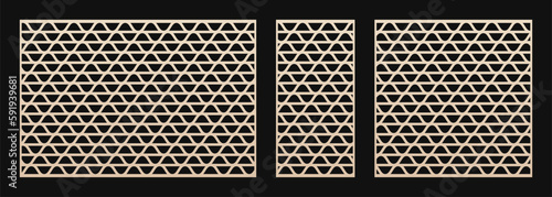 Laser cut pattern set. Vector template with abstract geometric texture, curved grid, wavy lattice, mesh, lines. Modern geometry panels. Decorative stencil for CNC cutting. Aspect ratio 3:2, 1:2, 1:1