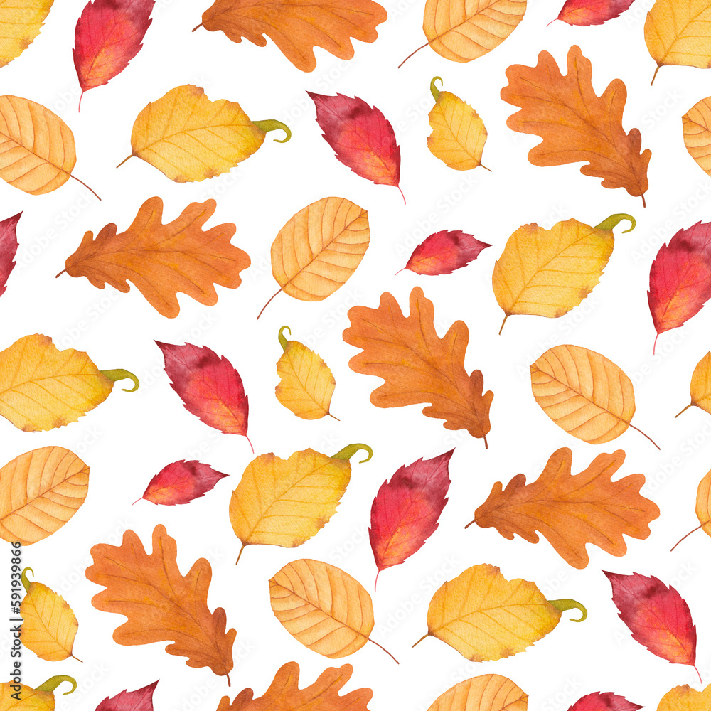 Obraz premium Watercolor Autumn Fall Seamless Pattern. Leaf Pattern. Botanical illustration. October print. Design for tile, backgrounds, fabric, textile, wrapping papper. Autumn leafs. Nature print