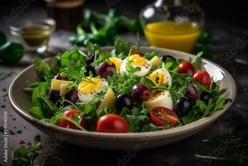 A healthy and refreshing spring salad consisting of a mix of fresh greens, crumbled cheese, sweet baby tomatoes, and a drizzle of flavorful olive oil. Ai generated