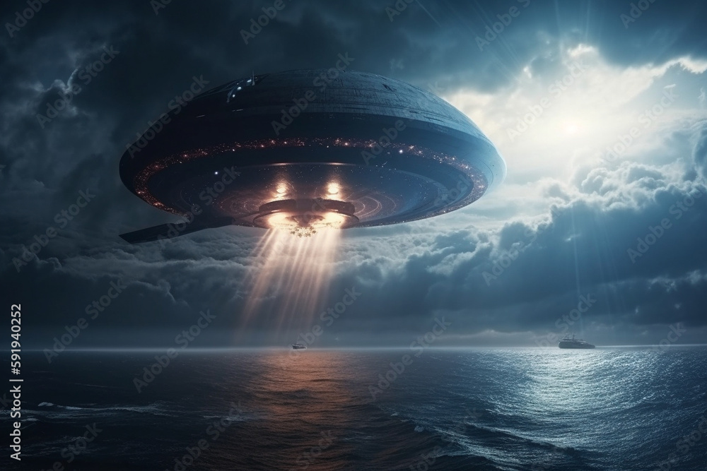 UFO approaching Earth from space, with a sense of mystery and intrigue. Alien encounter concept. Ai generated. UFO approaching Earth from space, with a sense of mystery and intrigue. Alien encounter concept. Ai generated.