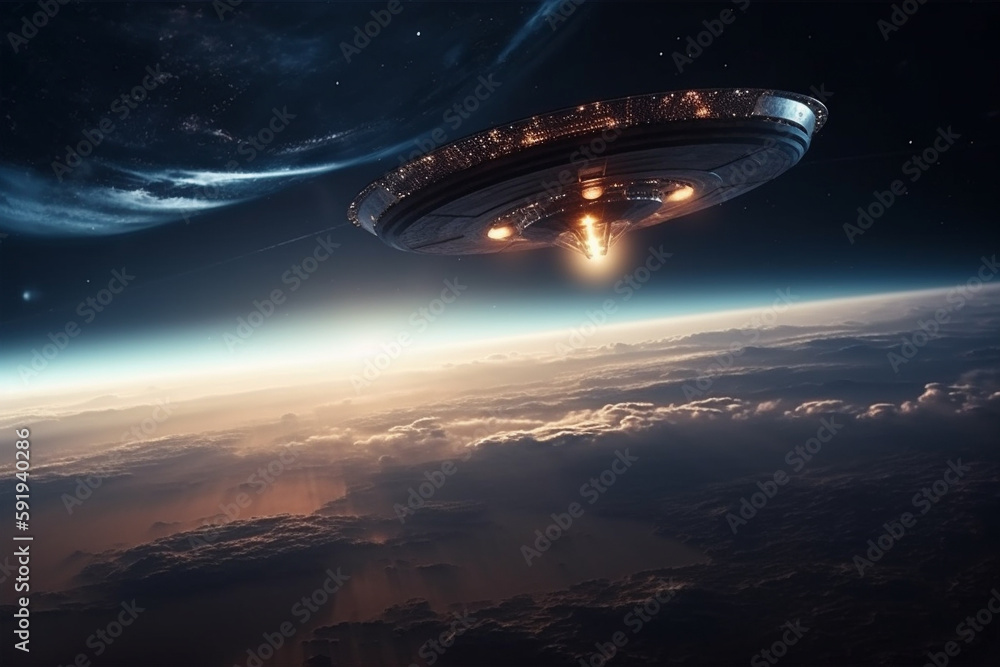 UFO approaching Earth from space, with a sense of mystery and intrigue. Alien encounter concept. Ai generated. UFO approaching Earth from space, with a sense of mystery and intrigue. Alien encounter concept. Ai generated.