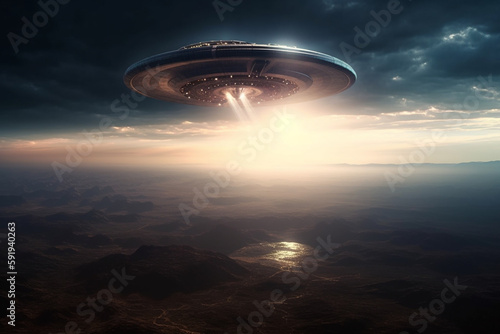 UFO approaching Earth from space, with a sense of mystery and intrigue. Alien encounter concept. Ai generated.