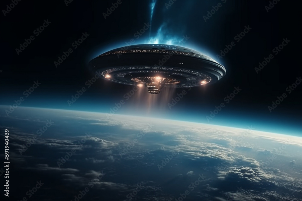 UFO approaching Earth from space, with a sense of mystery and intrigue. Alien encounter concept. Ai generated. UFO approaching Earth from space, with a sense of mystery and intrigue. Alien encounter concept. Ai generated.