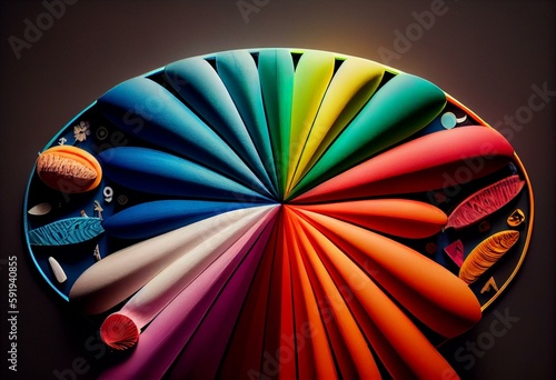 Colorful surfboard, beach ring, umbrellas and lugagge on monochrome background. Generative AI photo