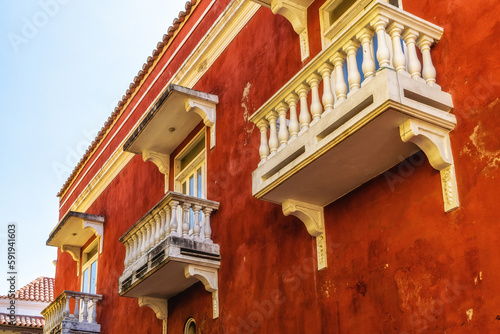 Colonial buildings and balconies in the historic center of Cartagena, Colombia
