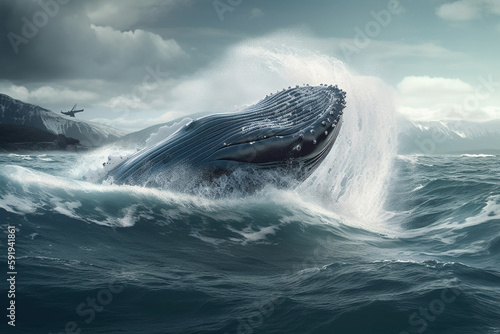 Whale jumping out of the arctic waters with glaciers in the background, representing the beauty and power of nature in the Arctic region. Ai generated