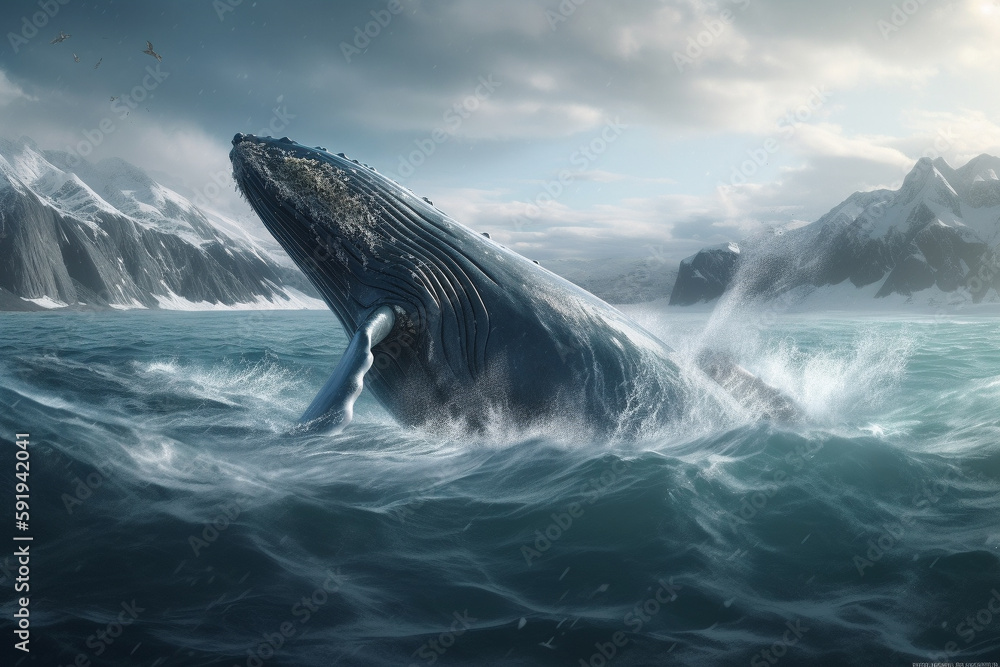 Fototapeta premium Whale jumping out of the arctic waters with glaciers in the background, representing the beauty and power of nature in the Arctic region. Ai generated