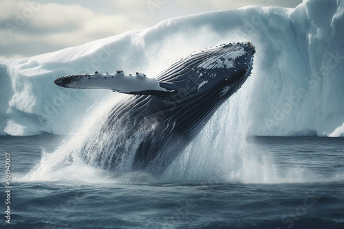 Whale jumping out of the arctic waters with glaciers in the background, representing the beauty and power of nature in the Arctic region. Ai generated © twindesigner