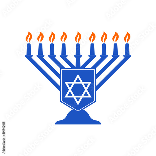 Vector illustration of a traditional Jewish Hanukkah menorah. Holiday candlestick with nine burning candles.