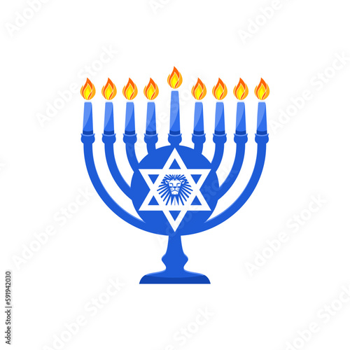 Vector illustration of a traditional Jewish Hanukkah menorah. Holiday candlestick with nine burning candles.